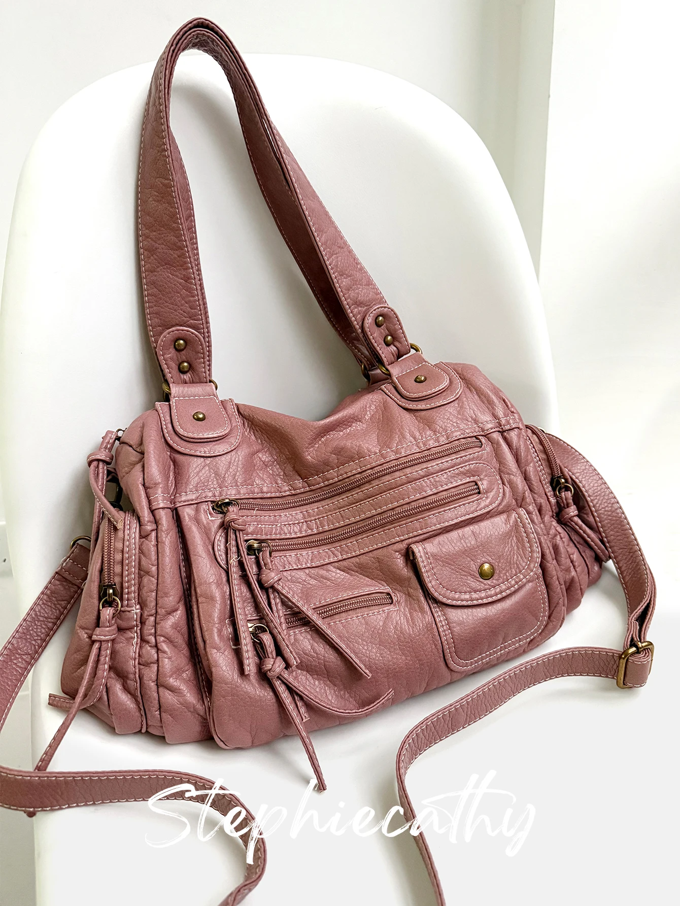 Women Unisex Retro Punk Street Style Washed PU Leather Shoulder Bag Multi Pockets Functional Large Cross body Handbag Casual