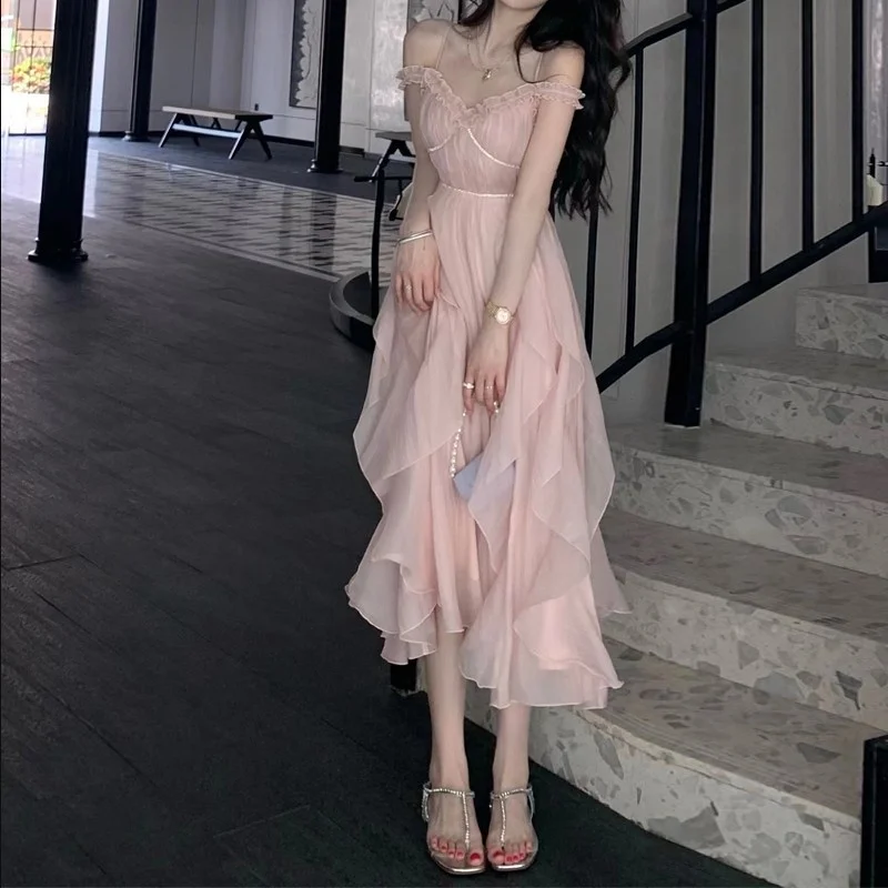 

Literary Retro French Pink Sling Dress 2024 Women Summer New Fairy Style V-neck Sleeveless stringy selvedge Sweet Long Dress