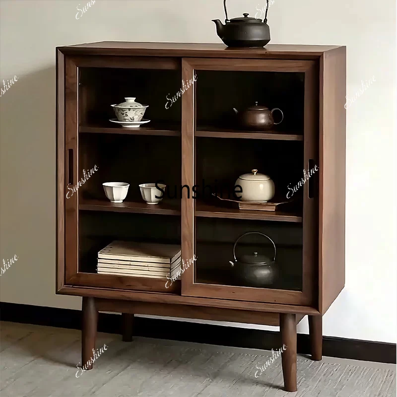 

Push-pull locker New Chinese side cabinet Solid wood glass storage cabinet