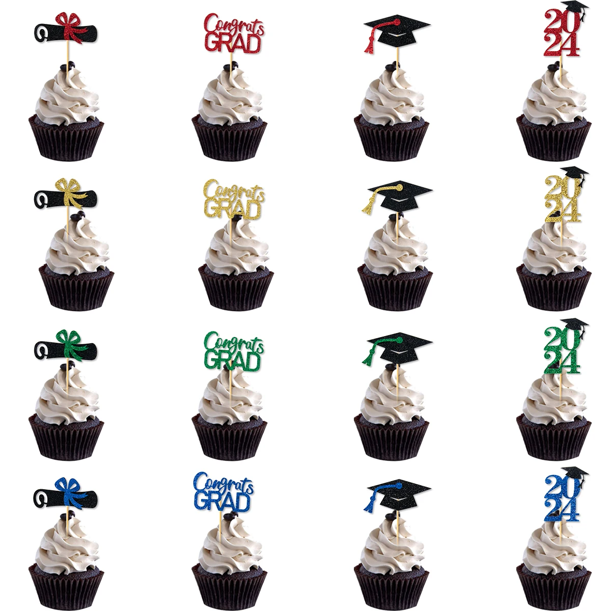 12Pcs Graduation Party Cupcake Decoration Class of 2024 Gold Glitter cake Toppers Bachelor Cap Cake Decor Graduation Party Decor