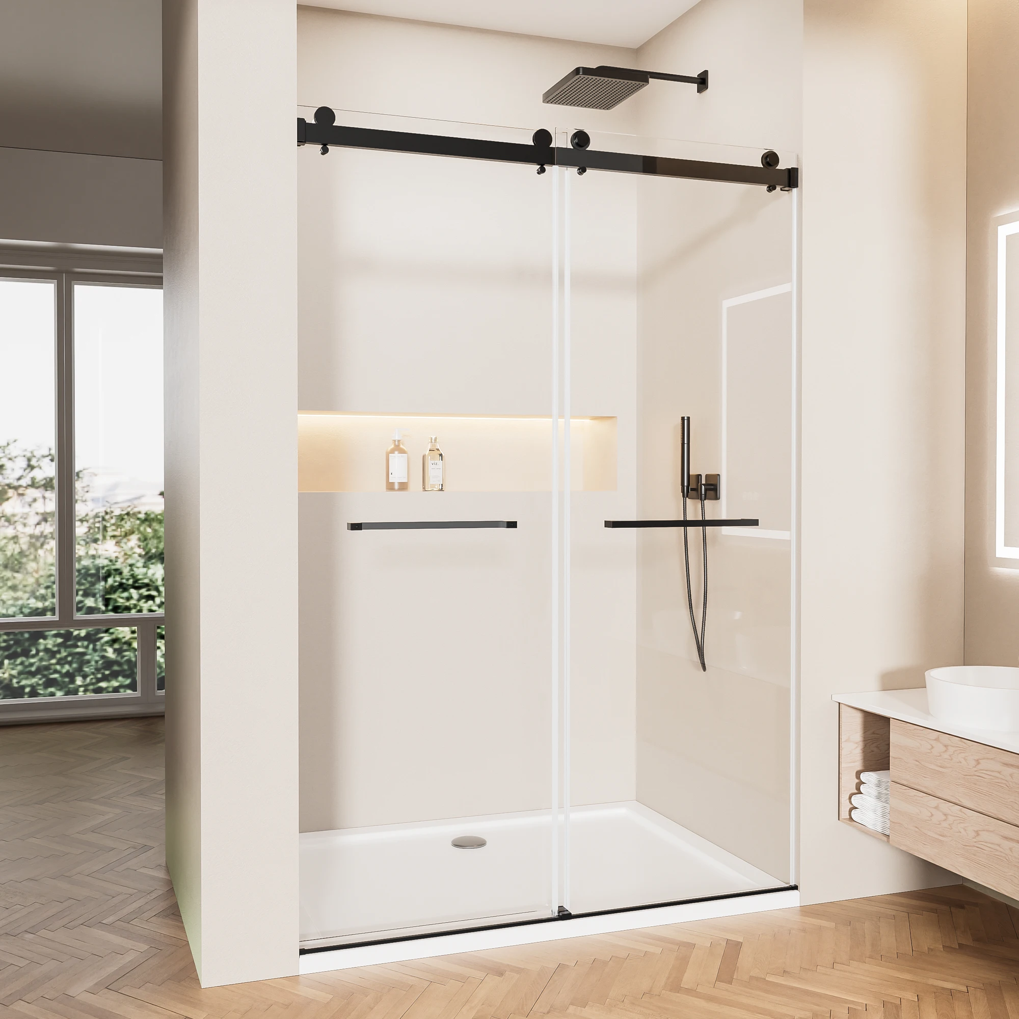 

Sh.Kl 56-60 Inches W X 76 Inches H Frameless Sliding Shower Door, 5/16 Inches (8 mm) Clear Tempered Glass Door, Matte Black