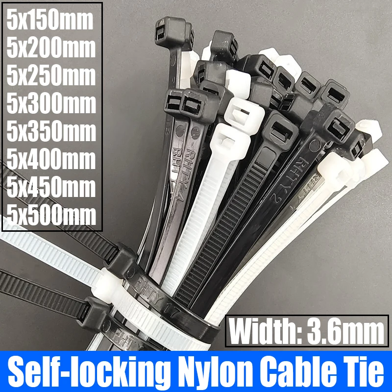 

250/500PCS White/Black Self-locking Plastic Nylon Cable Tie Zip Wrap Strap Nylon Cable Tie Cable/Wire Fastening Ring 5x150-500mm