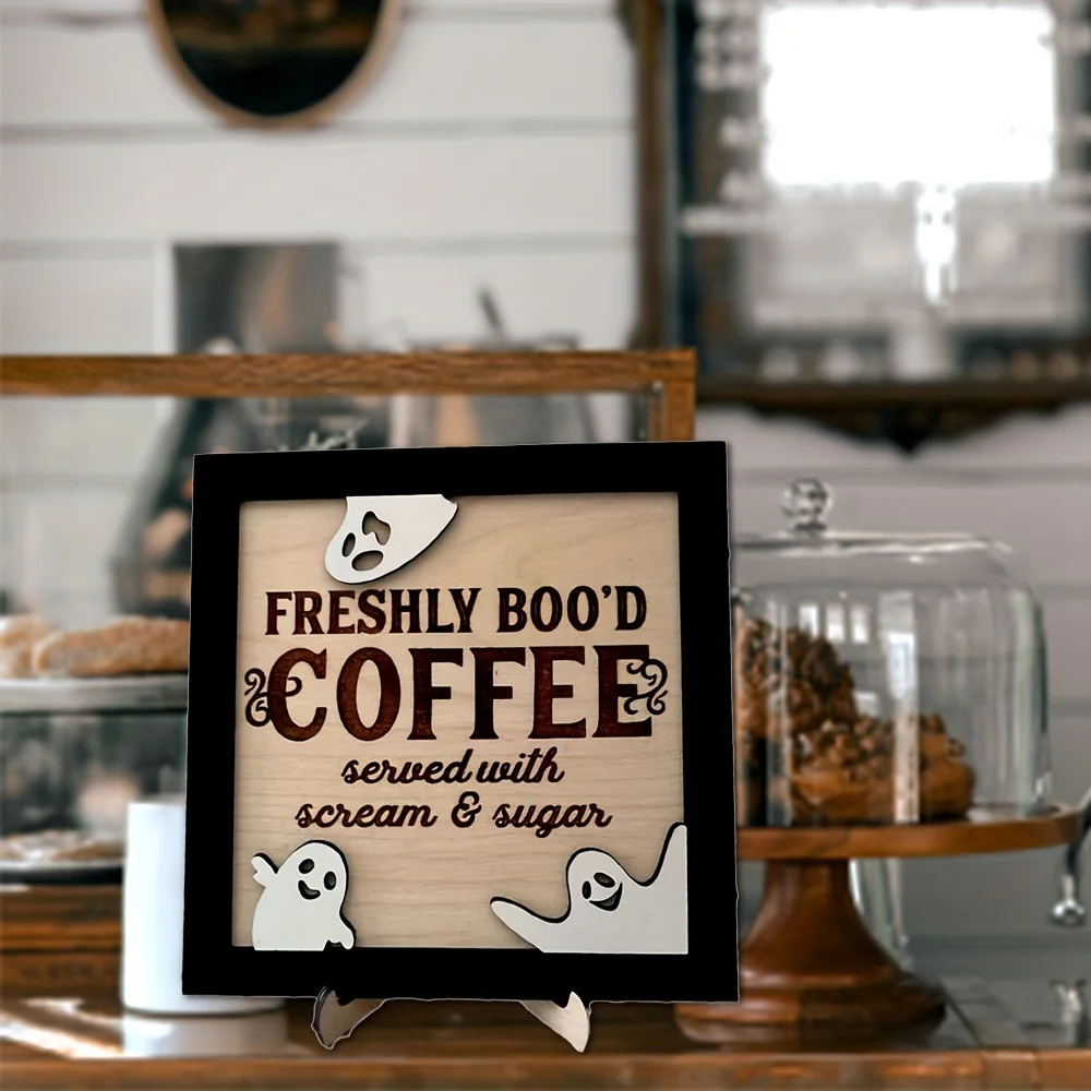 3D Double Wooden Coffee Sign Fun Halloween Theme 