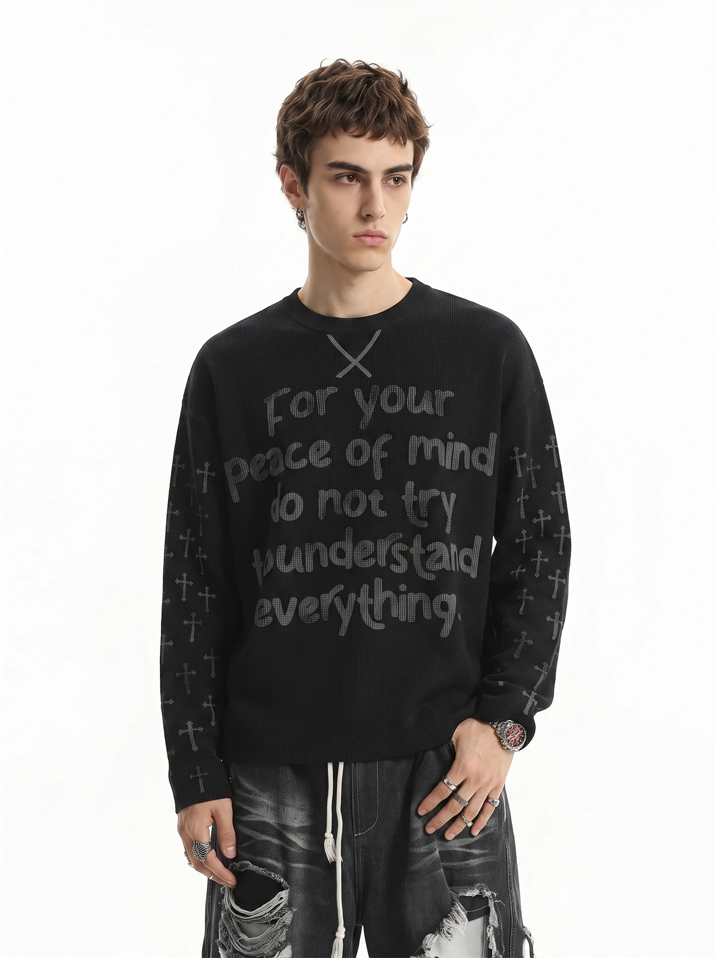 BETEBULE American High Street Cross Letter Print Long Sleeve T-Shirt Men's Vintage Short Wide Boxy Top Youth Trend Home Daily...