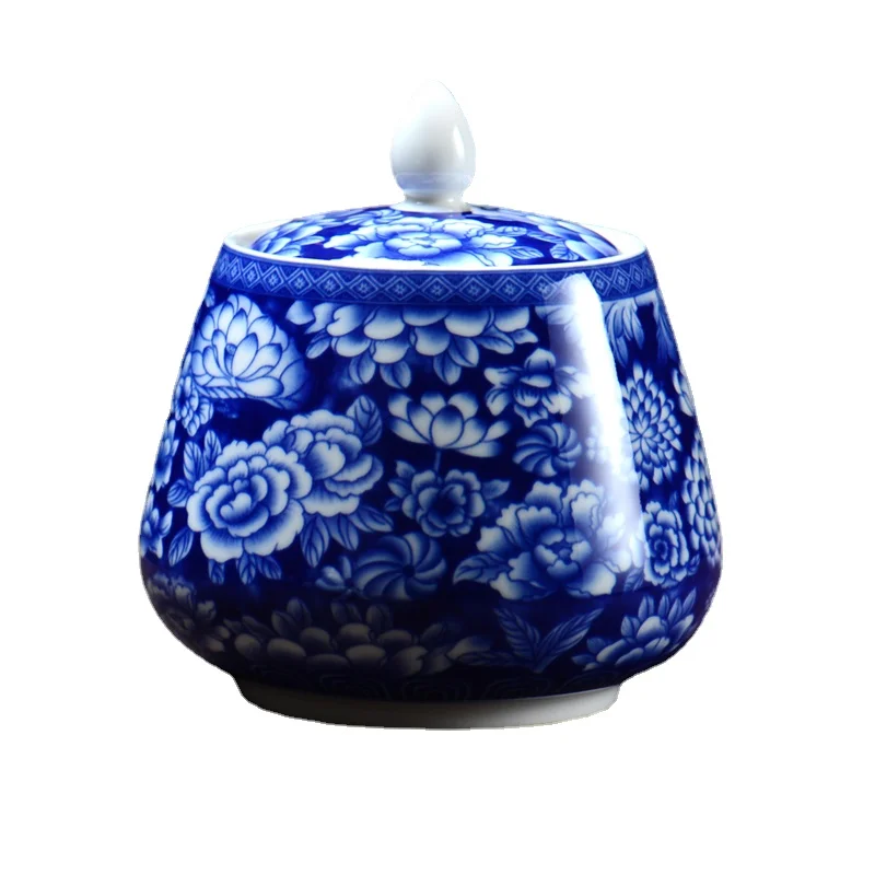 Blue and White Porcelain Tea Pot Ceramic Sealed Storage Box Moisture-proof Candy Coffee Teaset Crafts Interior Decoration