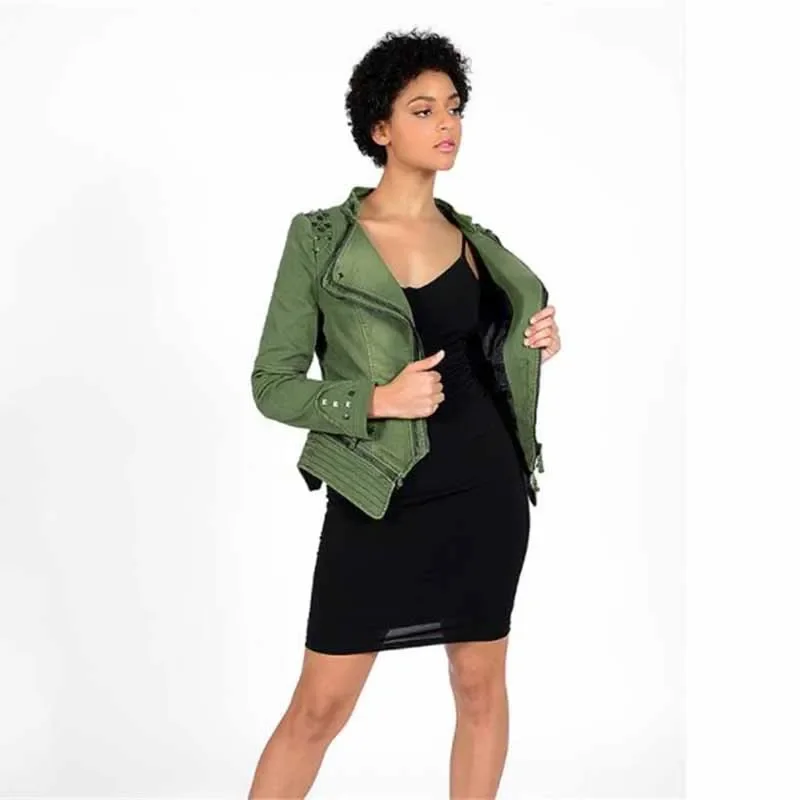 

Новая модная джинсовая куртка с заклепками и молнией, женские тонкие мотоциклетные джинсы, верхняя одежда, женский топ с лацканами, короткое пальто