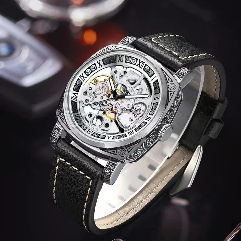 Genuine Goods in Stock Live Broadcast Cross-Border Men's Mechanical Watch Authentic Leather Hollow out Design Relief Carved Wate