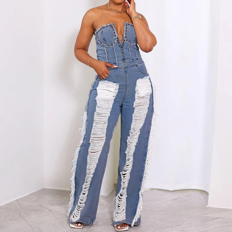 BKLD Summer Slim Fit Denim V-neck Backless Tassel Trendy Jumpsuit Women's Strapless High Waist Ripped Pocket Sexy Street Rompers