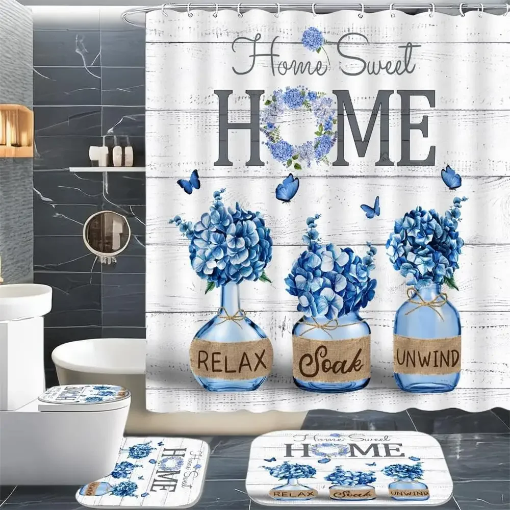 Blue Hydrangea Shower Curtain Set Rustic Butterfly Floral Bath Curtains Home Bathroom Decor Floor Rug Bath Mats Toilet Lid Cover