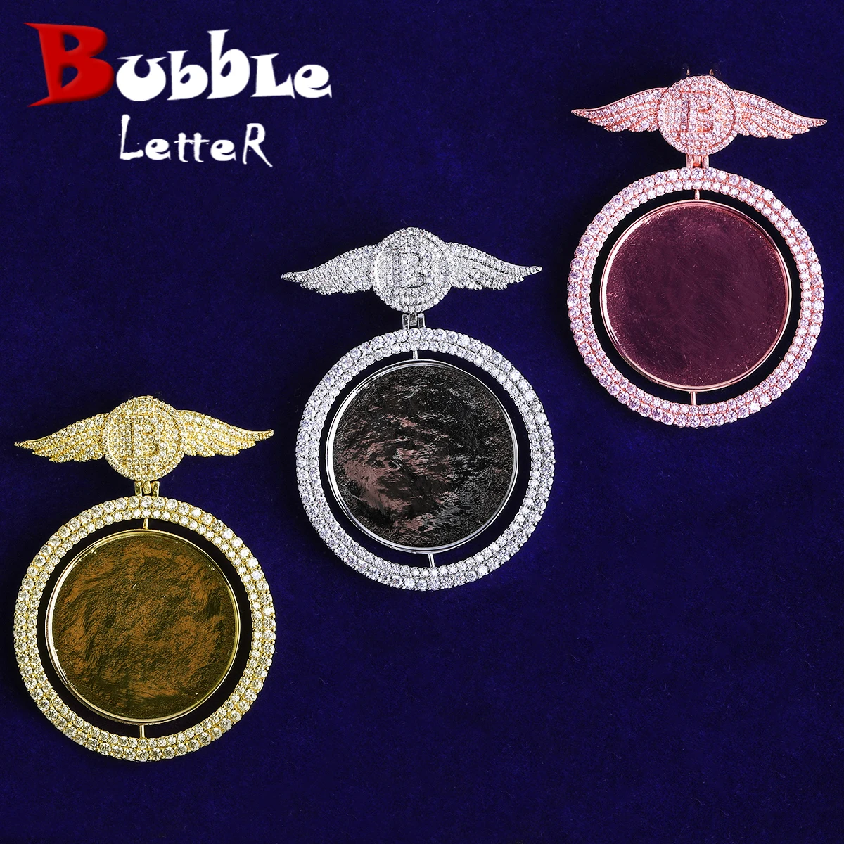 

Bubble Letter Iced Out Custom Photo Necklace for Men Wing Bail 5A Cubic Zirconia Gold Plated Hip Hop Jewelry