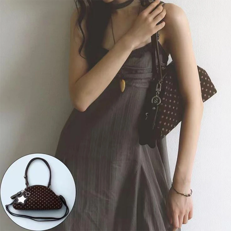 

Сумка-тоут Y2K в стиле боулинг с узором в горошек и звездами, большая вместительная плюшевая сумка через плечо на молнии