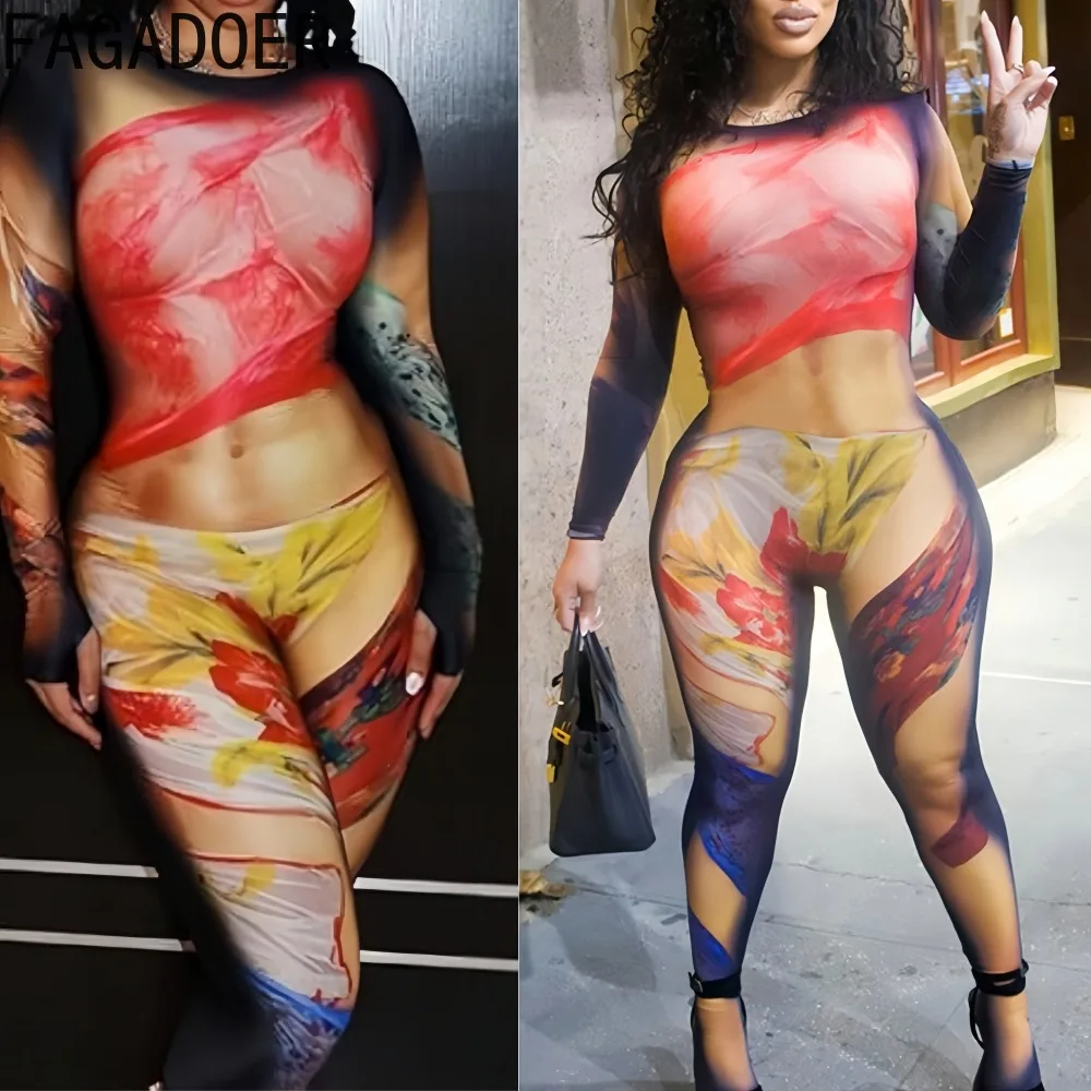 

FAGADOER Sexy Human Body Color Printing Patchwork Bodycon Jumpsuit Women See Through Long Sleeve Romper Female Party Overalls