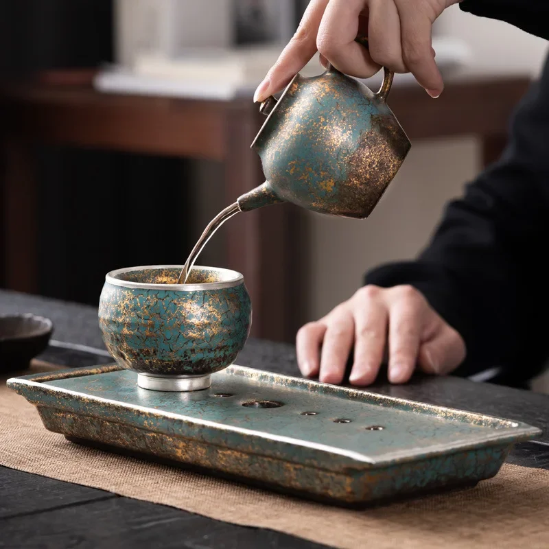 Evergreen Glaze Gold and Silver Color Rectangular Tea Tray Household Small Water Storage Bamboo Tea Tray Tea Set Small Tea Table