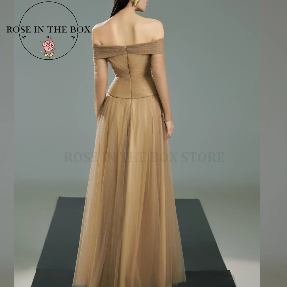 ROSEINTHEBOX Abiti da sera eleganti personalizzati con spalle scoperte color talpa Maniche lunghe Abiti da festa eleganti a trapezio floreali realizzati a mano