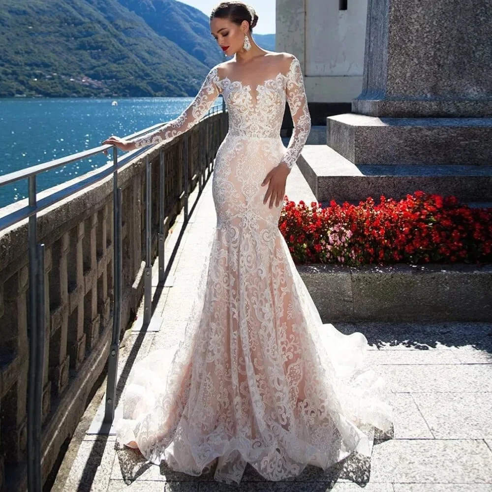 

Lorencia Sexy Lace Mermaid Wedding Dress Tulle Long Sleeves Bride Gowns Backless Applique Bridal Dress Vestidos De Novia YMW126