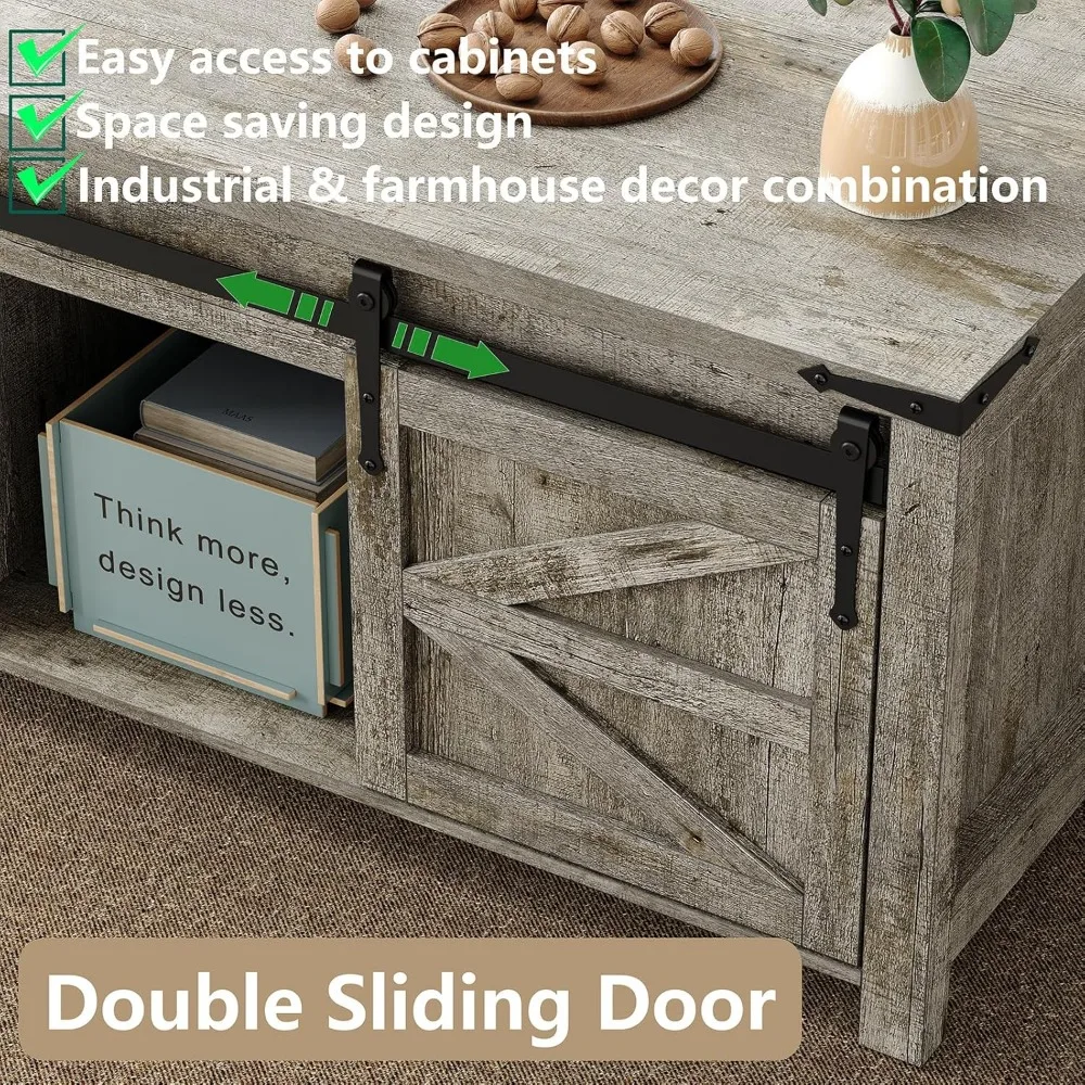 Large Farmhouse-Style Coffee Table with Sliding Barn Doors and Hidden Storage, Modern Wood Design