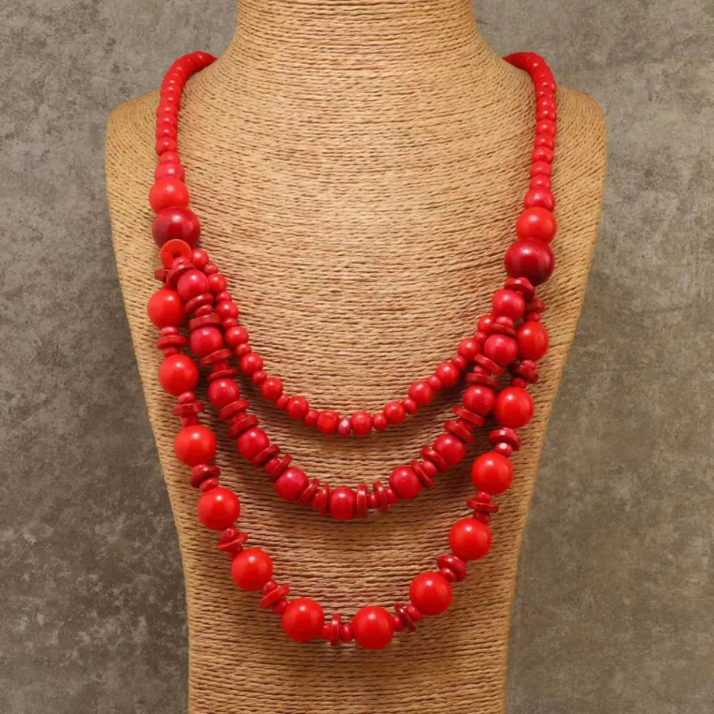 Bohemian Ethnic Style Handmade Beaded Long Necklace Retro Vacation Multilayer Wooden Beads Sweater Chain