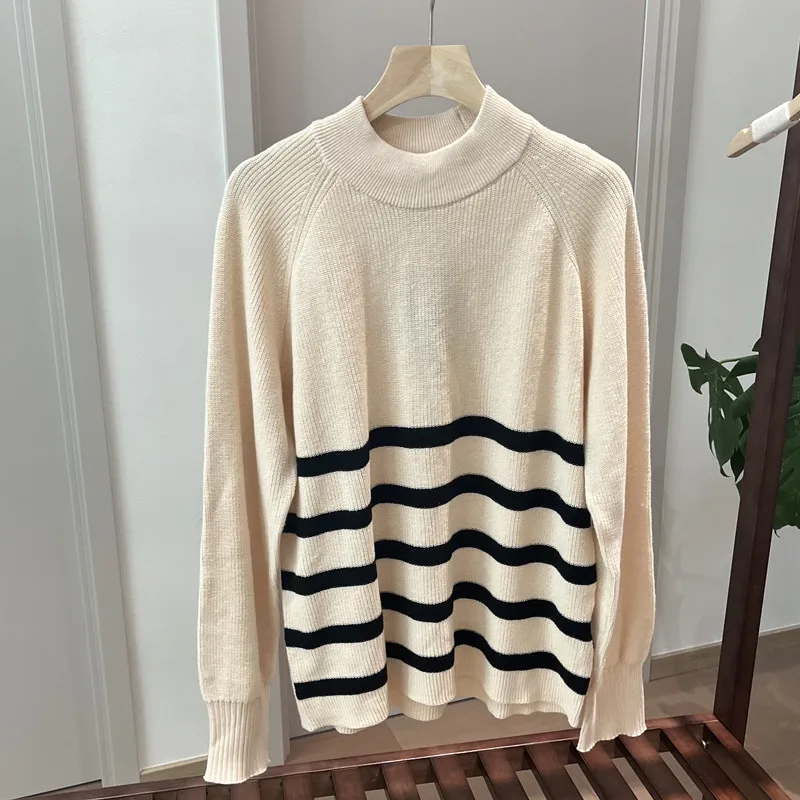 

Повседневный свободный длинный полосатый трикотаж, женский свитер с высоким воротником, осень-зима, удобный теплый свитер для поездок на работу