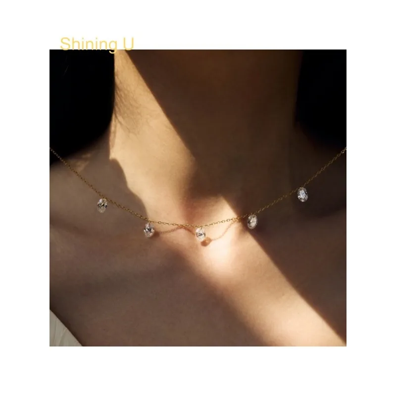 Shining U S925 الفضة 4*6 مللي متر البيضاوي الزركون الأحجار الكريمة طقم مجوهرات قلادة للنساء غرامة مجوهرات الذكرى