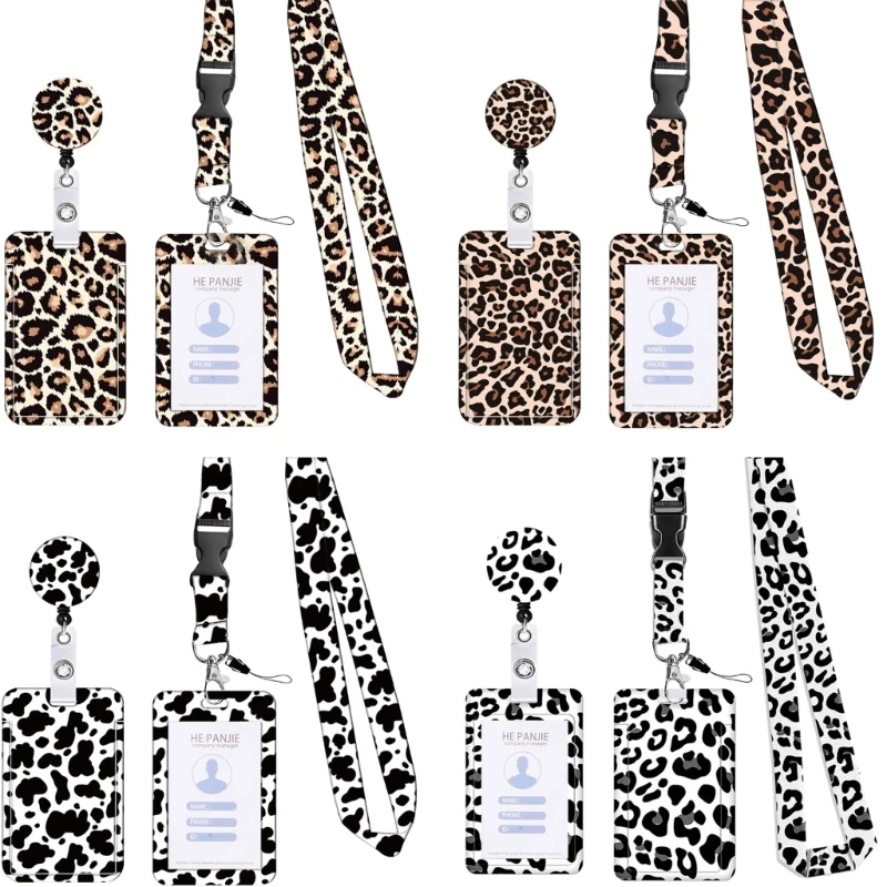 

Badge Card Holder and Neck Lanyard Set Leopards Print Identity Card Badge Holder With Retractable Badge Reel for Office