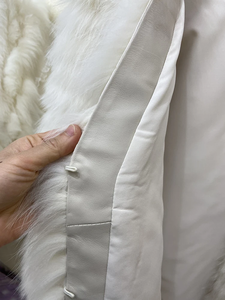 Women Winter White Real Fox Fur Long Jacket Outerwear Coat Natural Fur Thick Winter Coat Length 95cm