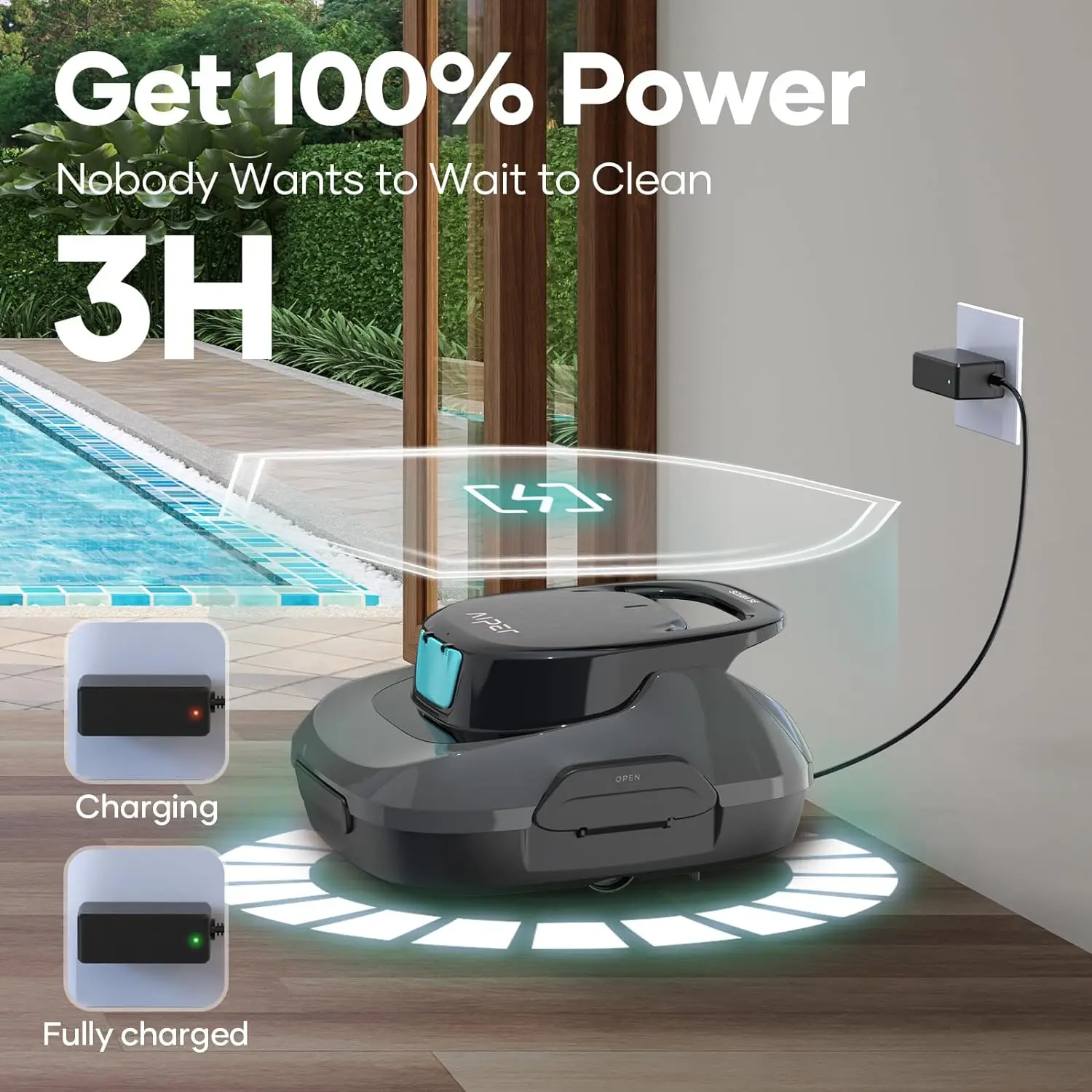 Aspiradora de piscina robótica, dura hasta 90 minutos, Ideal para piscinas sobre el suelo, limpieza automática con capacidad de estacionamiento automático-gris