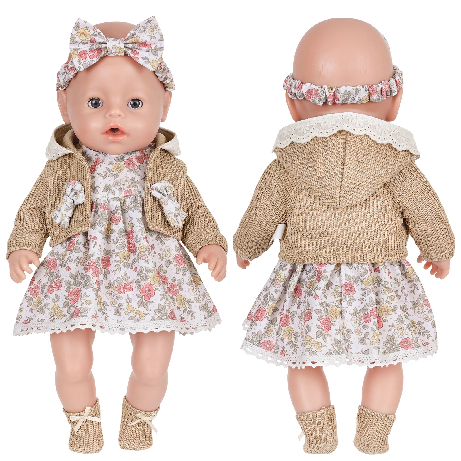 Cute Doll Clothes for 16-18 Inch Baby Doll Knitted Cardigan Floral Dress Set with Headband Socks for 40-45cm Baby Dolls Girls Gi