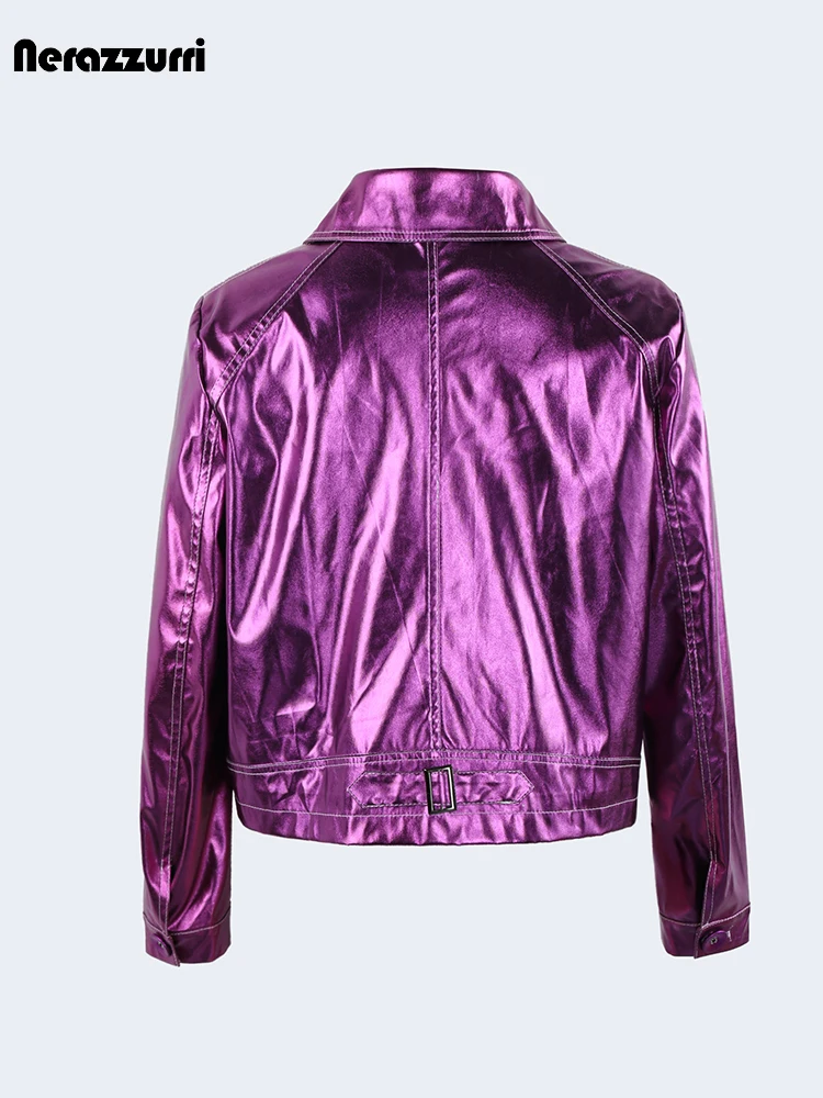 Nerazzurri Spring Autumn Cool Short Shiny Reflective Patent Pu Leather Jacket Women Pockets Luxury Designer Y2K Clothes 2023