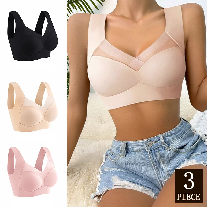 3PCS Women Sport Bras L-3XL Plus Size Lace Bralette Backless Seamless Bra Lady Brassiere Vest Female Gathers Shock-Proof Wireles