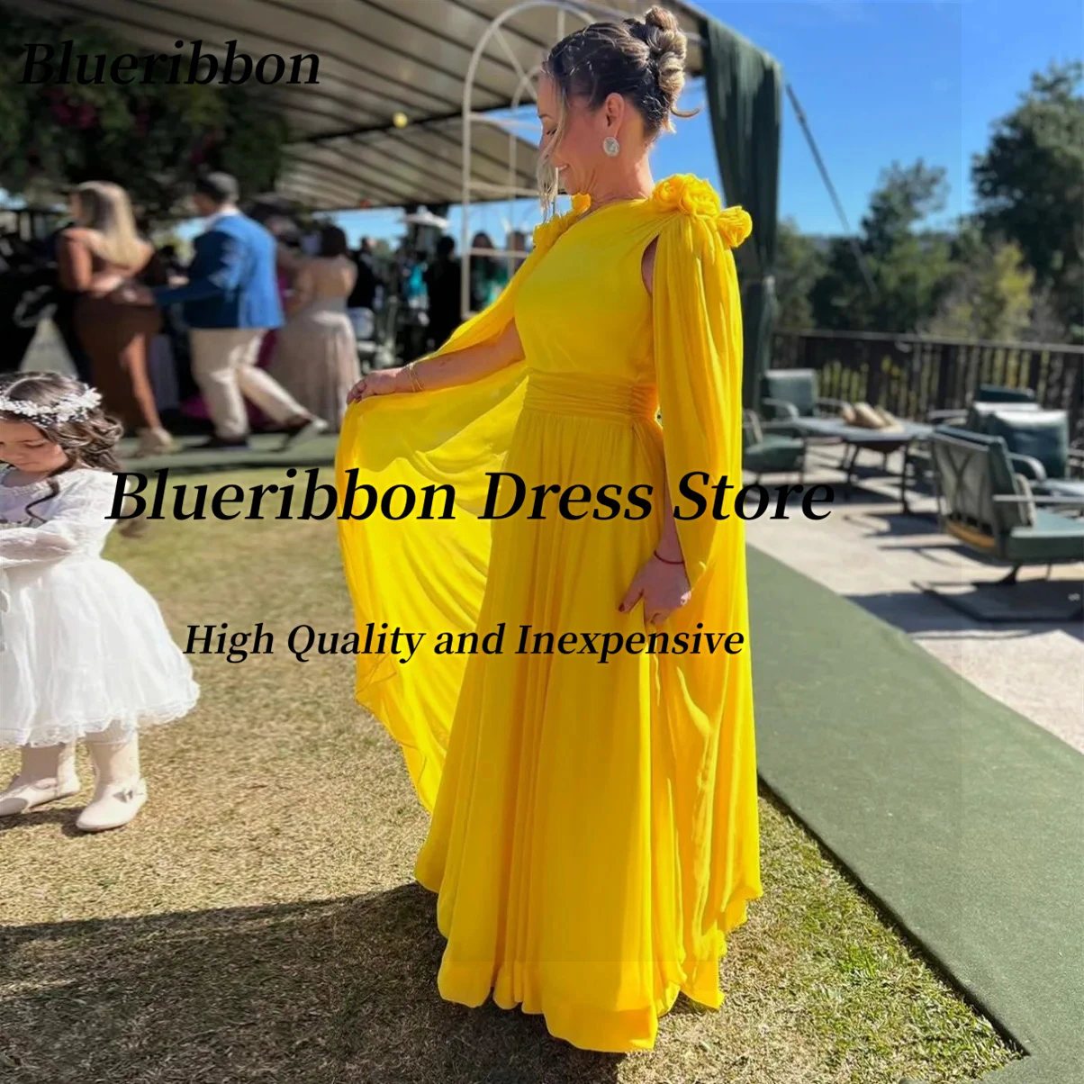 Blueribbon Customized Flowers Off Shoulder Prom Dresses Long Ruched Chiffon Yellow Evening Gowns Women Wear Wedding Party