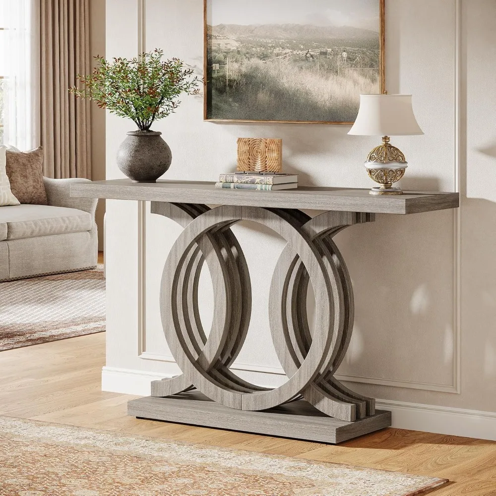 55-Inch Console Table with Geometric Wood Base, Modern Entryway Table with Thick Tabletop for Living Room, Hallway