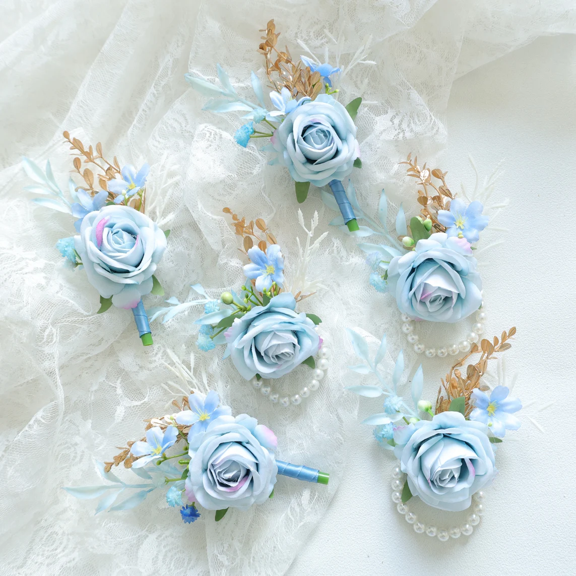 صدار المعصم الأزرق وزهرة العروة على المعصم للعروس وصيفة العروس الزفاف العروة للرجال العريس وصيف الزفاف #6