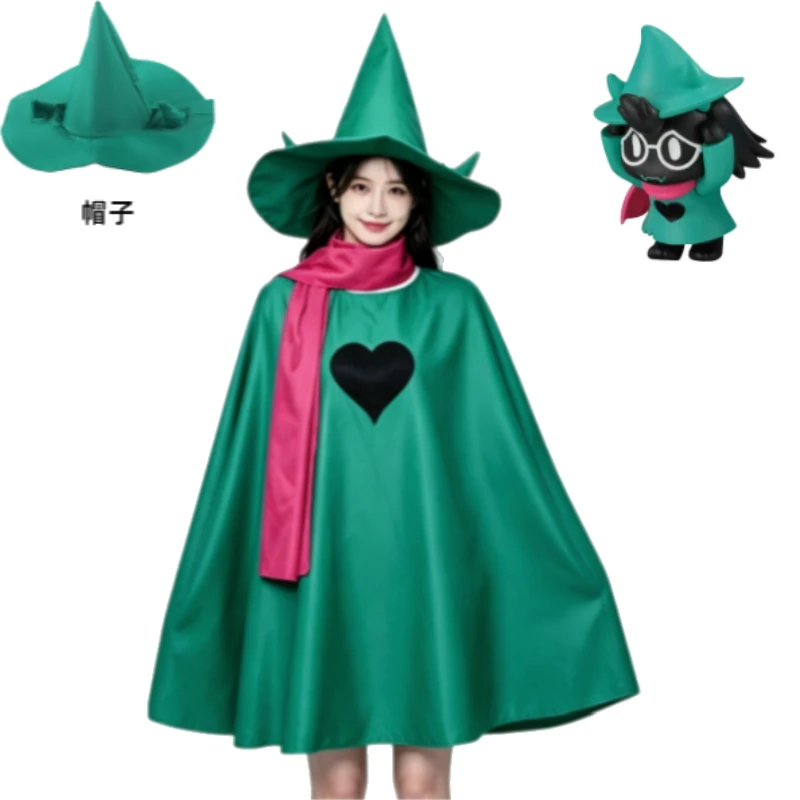 

Ralsei Cosplay Costume Deltarune Green Hooded Wizard Robe Pink Scarf Round Gloves Magic Hat Full Set For Men Halloween