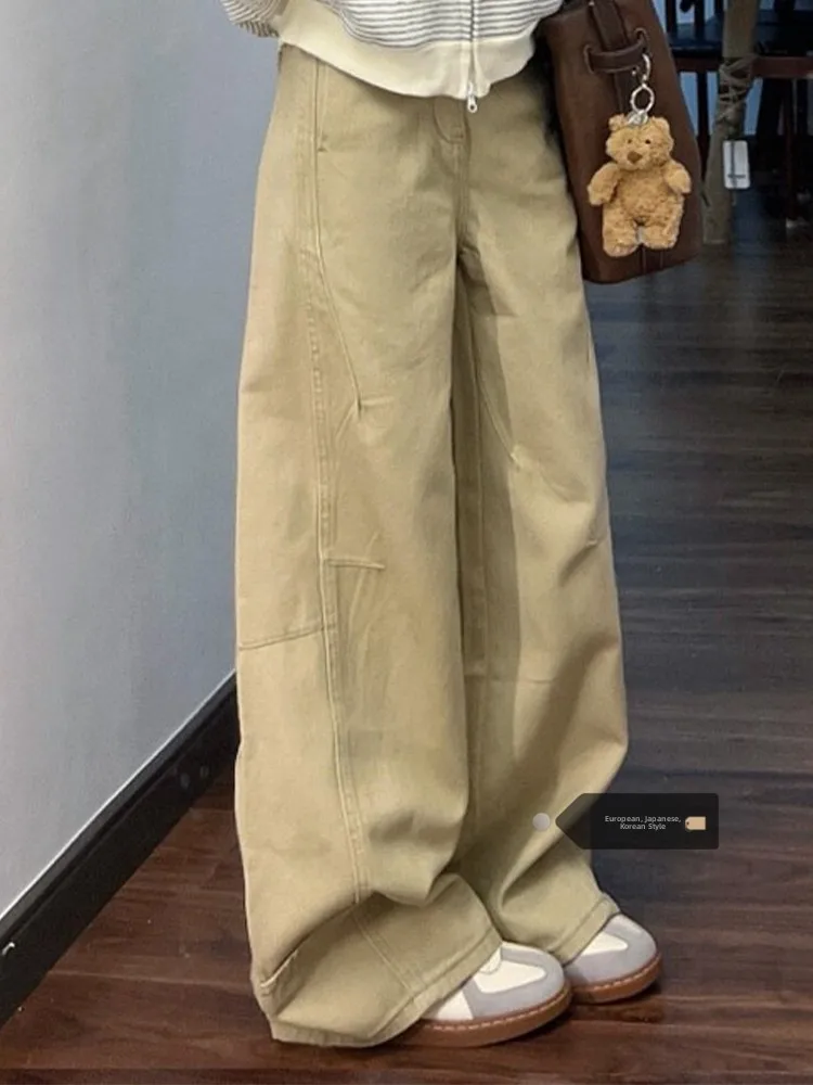 

High Waist Loose Fit American Style Khaki Wide Leg Denim Jeans Women's Summer New Straight Cut Pants Retro Vintage Jeans