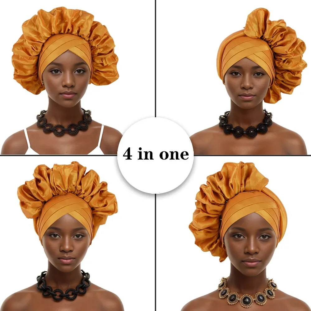 Vendita calda Front Cross Auto Gele già realizzato Copricapo africano Aso Oke Nigeria Ruffles Cap Cravatta per la testa Turbante Copricapo da donna da sposa