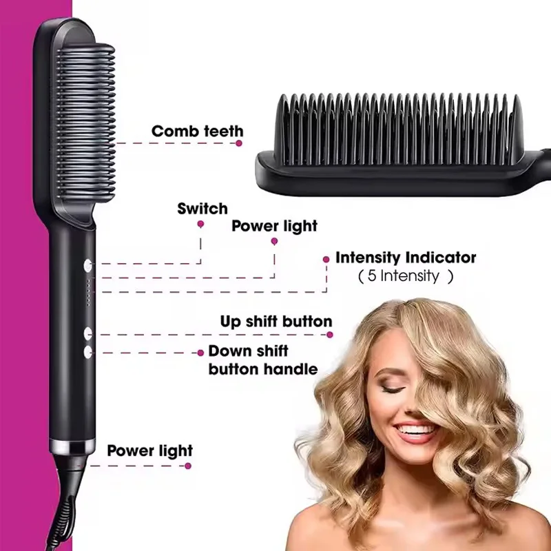 Hair Straightener Curler Hot Comb Brush 2in1 Ionic PTC Ceramic Fast Heating Beard Straightening Brush Anti-Scald Hair Styling - view 2