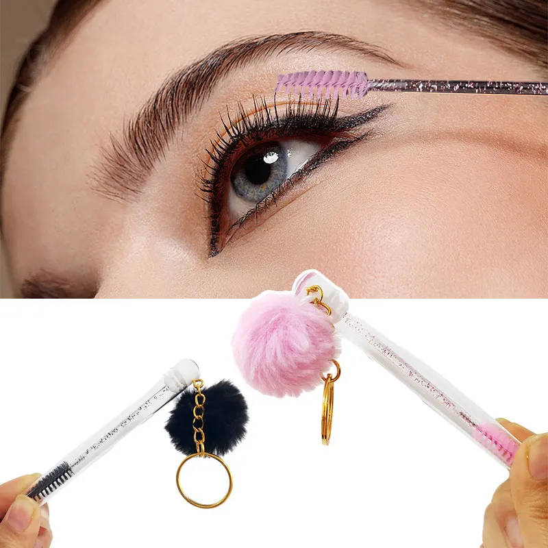 

1pc Eyelash Brush with Key Ring Plush Ball Mascara Wand for Eyelash Extension Crystal Eyebrow Brush with Container Make Up Tool