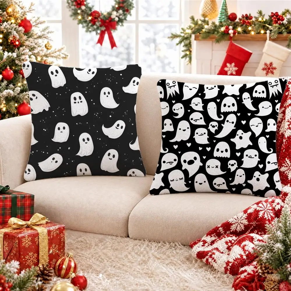 Pattern Halloween Ghost Cushion Cover Short Plush Pillowcase, Sofa Bedroom Home Decor & Holiday Gift