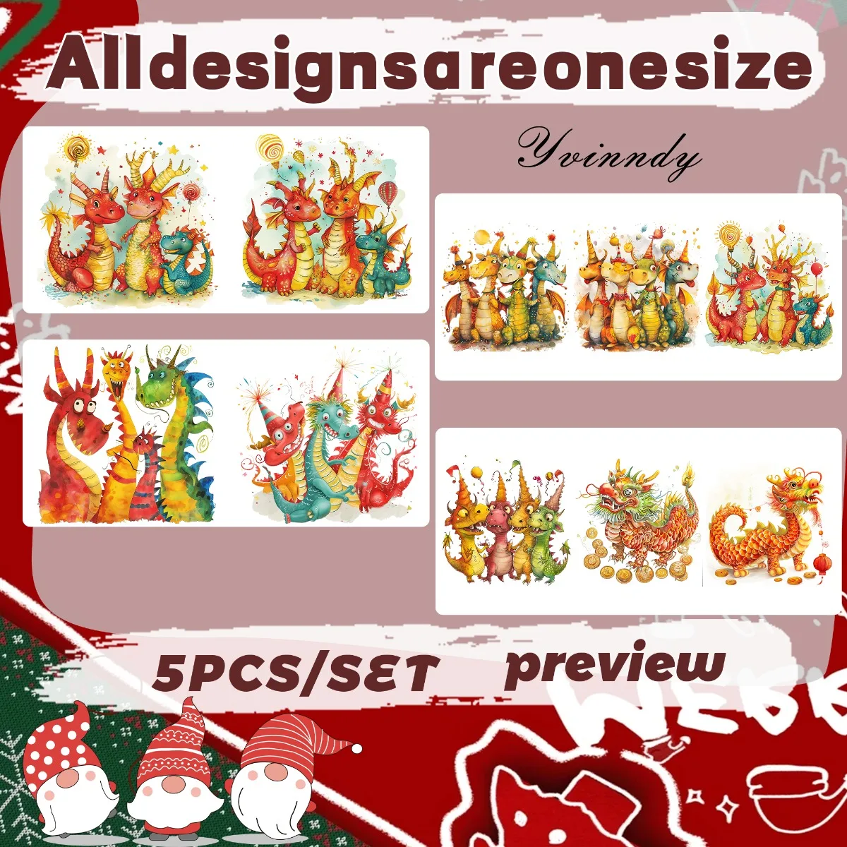 5PCS/Set Of 16OZ Cute Festival Dragon UV DTF Waterproof Film Suitable For Computer Table And Chair DIY Creativity DIY Enthusiast