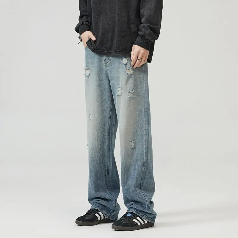 Spring And Summer Washed Denim Pants For Men And Women Loose Personalized Retro Curved Knife Pants With Holes Versatile Pants