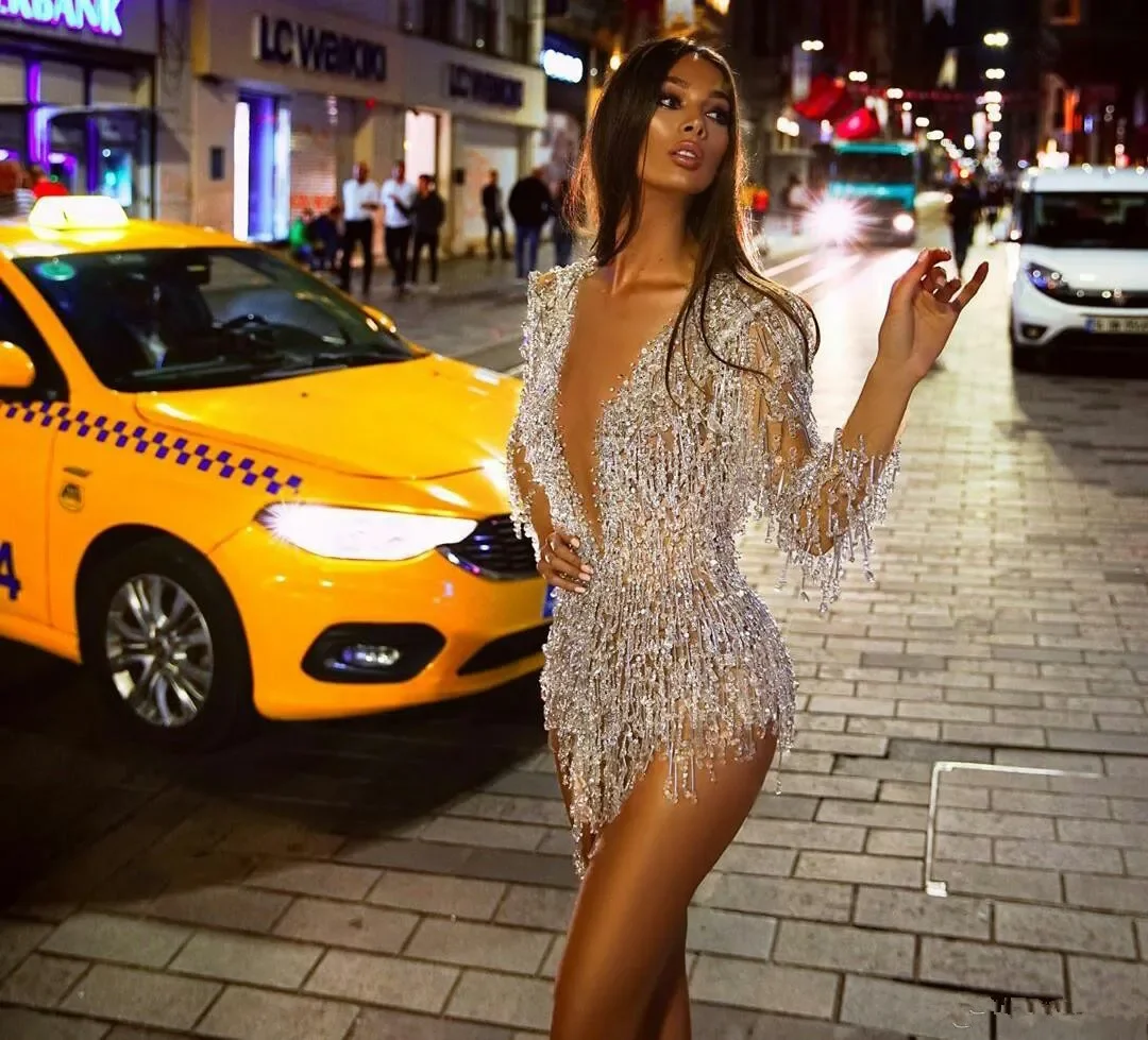 Customized Luxurious Transparent Rhinestone Long Sleeved Cocktail Party Dress Sexy Mini Short V-Neck Party Beauty Pageant Dress