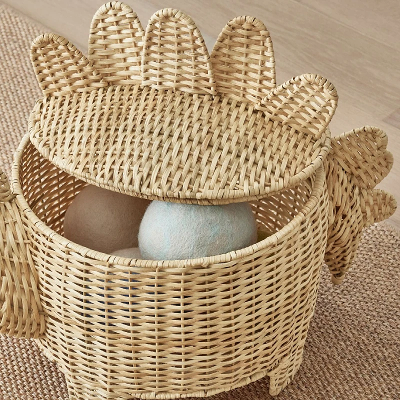 Cute Rattan Woven Dinosaur with Cover Dirty Clothes Basket Children's Room Toys Storage Basket Hand-woven Decorative Basket