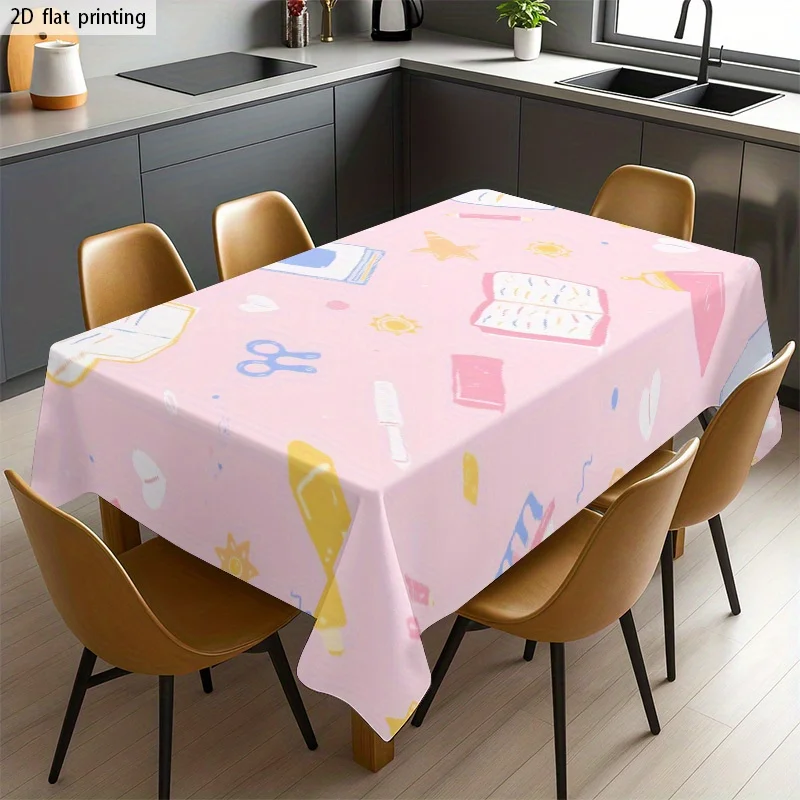Cute Pink Watercolor Stationery Tablecloth Waterproof Picnic Cloth for Dining Room Cafe Party Decor