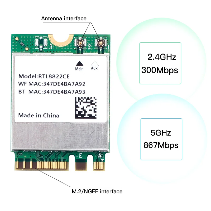 RTL8822CE 1200Mbps Dual Band 2.4G/5Ghz 802.11AC WiFi Card Network NGFF M.2 Card For Bluetooth 5.0 Laptop/PC Support Windows10/11