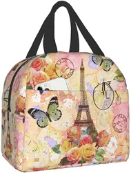 Paris Eiffel Tower Butterfly and Flowers Lunch Bag Compact Tote Bag Reusable Lunch Box Container for Women School Office Work