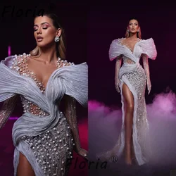 Pearls Glamorous Long Sleeve Wedding Dresses For Woman 2024 vestidos novias boda Sexy High Slit Celebrity Ceremony Formal Gown