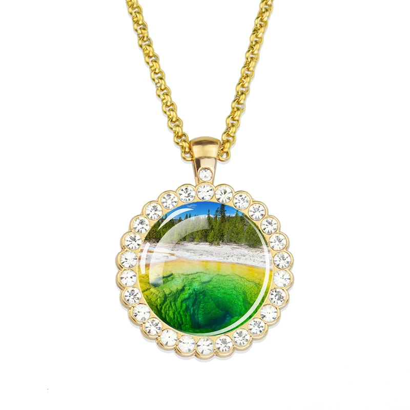 Yellowstone National Park Art Picture Glass Dome Necklace Rhinestone Inlaid Handmade Pendant Travel Gift Photographer Gift