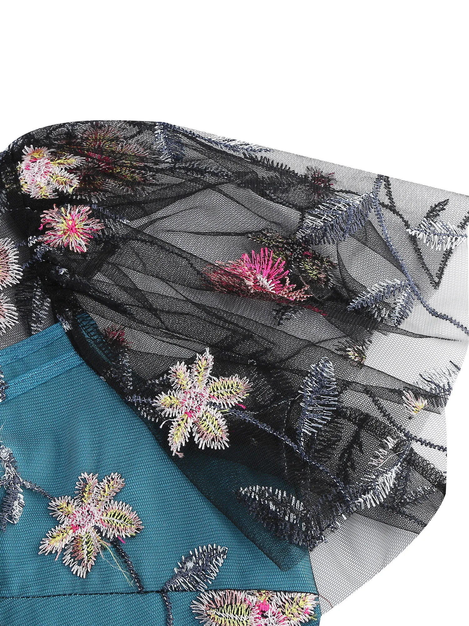 Tonval Turquoise Elegant Evening Birthday Long Dresses for Women Luxury Floral Embroidered Mesh Flare Sleeve Vintage Dress