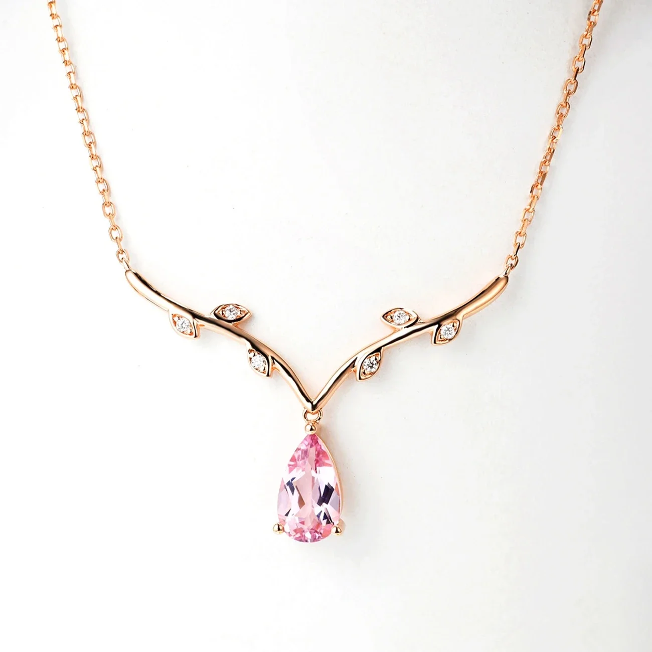 HELON Solid 14K Rose Gold Antlers Shape Natural Diamonds Necklaces Pendant Pear Real Pink Sapphire Pendant Women Chain Luxurious