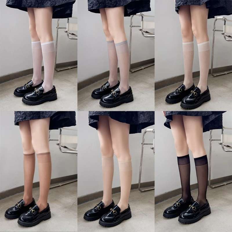 Womens Summer Thin See Through Silk Over the Calf Socks Japanese Student Solid Color Knee Length Stockings